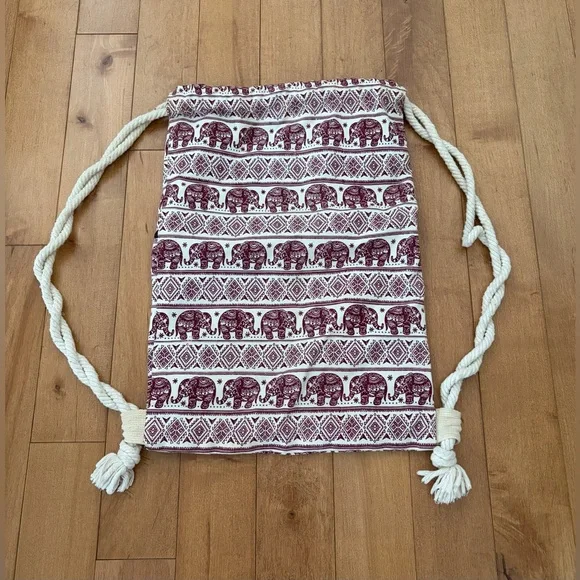 Elephant Print Drawstring Backpack | Boho Canvas Bag - Picture 2 of 4